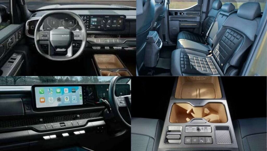 Kia Tasman Interior Images like streeing wheel. seat, infotaiment and storage
